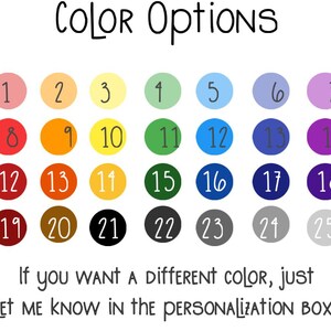 Peut inclure: Un fond blanc pr&eacute;sente un nuancier avec 25 options de couleurs num&eacute;rot&eacute;es dans des cercles. Le texte "COLOR Options" est en haut. En dessous, le texte indique : "Si vous voulez une couleur diff&eacute;rente, faites-le moi savoir dans la case de personnalisation."