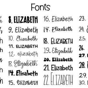 Peut inclure: Image en noir et blanc pr&eacute;sentant 30 styles de polices diff&eacute;rents du nom "Elizabeth". Le mot "Fonts" est en haut. Chaque style est num&eacute;rot&eacute; et affich&eacute; dans diverses polices cursives, grasses et d&eacute;coratives.