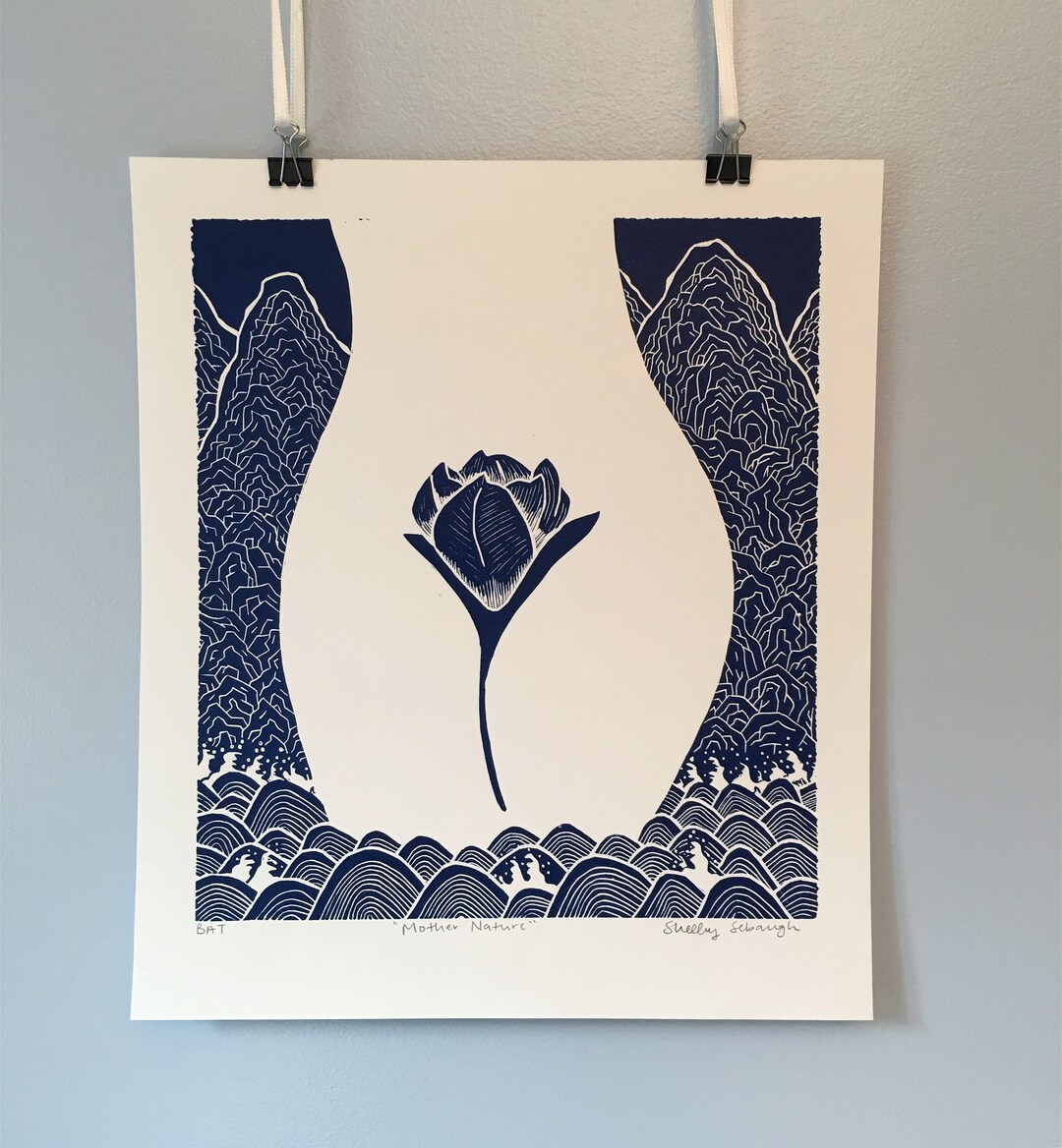 Mother Nature | Hand Carved, Original Linocut Relief Print in Blue - Etsy