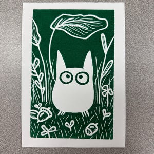 Totoro | Hand Carved, 5x7 Linocut Relief Print in Green