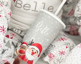 Personalised Christmas Cup, Festive Childrens Tumbler With Straw And Lid, Santa and Reindeer Design