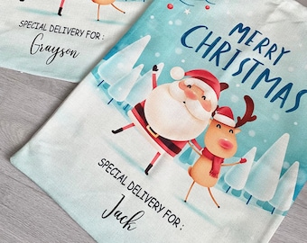 Personalised Christmas Santa Sack, Childrens Santa and Reindeer Design Gift Bag