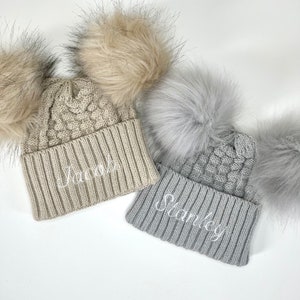 Personalised Baby Hat, Knitted Beanie with Double Pom Poms - Christmas Present, Birthday Gift