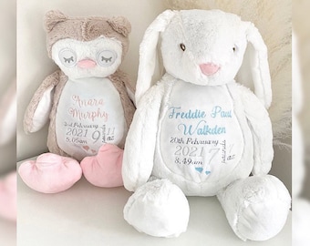 Personalisiertes Baby Geschenk - Gestickter Teddybär Eule, Koala oder Hase - Geburtsankündigung - Neugeborenen Geschenk - Geburtsdaten