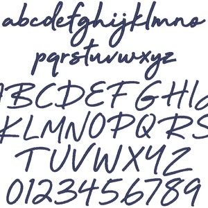 K&ouml;nnte beinhalten: Ein handgeschriebenes Alphabet in Marineblau, mit Gro&szlig;- und Kleinbuchstaben sowie den Zahlen 0-9.