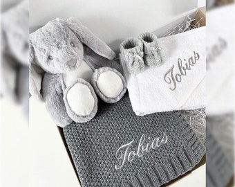 Personalised Baby Gift Set - Embroidered Baby Blanket, Hooded Towel, Teddy, Booties - Baby Shower, Newborn, Christening