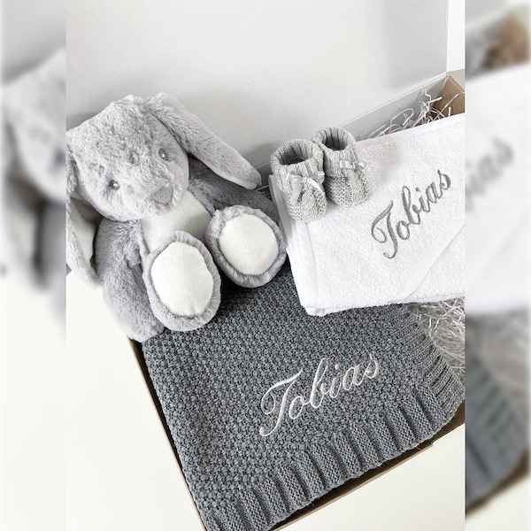 Personalised Baby Gift Set - Embroidered Baby Blanket, Hooded Towel, Teddy, Booties - Baby Shower, Newborn, Christening