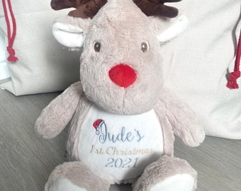 Personalisiertes erstes Weihnachts-Teddy - Bestickter Teddybär Rentier - 1. Weihnachtsgeschenk - Andenken