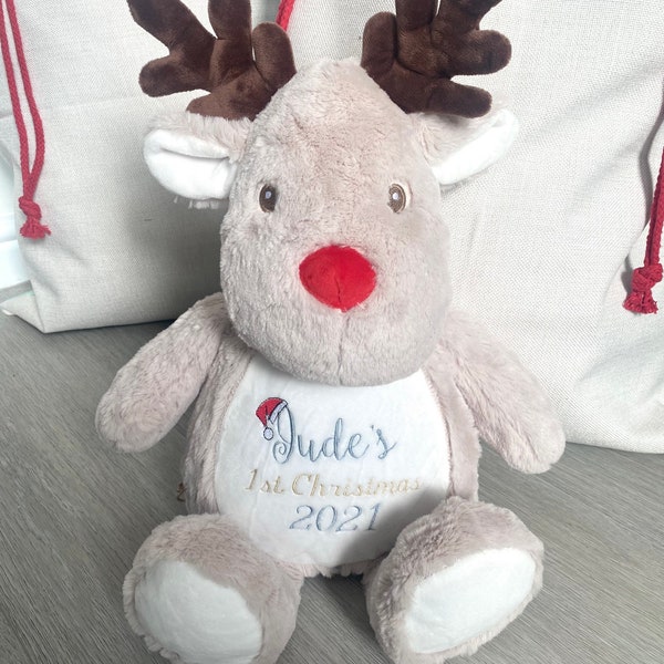 Personalised First Christmas Teddy - Embroidered Teddy Bear Reindeer - 1st Christmas Gift - Keepsake