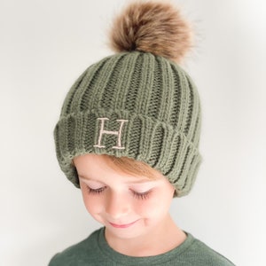 Personalised Hat - Knitted Pom Pom  - Embroidered - 12 Months To 10 Years - Cream, Khaki, Grey, Oatmeal, Navy and Black