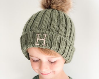 Personalised Hat - Knitted Pom Pom  - Embroidered - 12 Months To 10 Years - Cream, Khaki, Grey, Oatmeal, Navy and Black