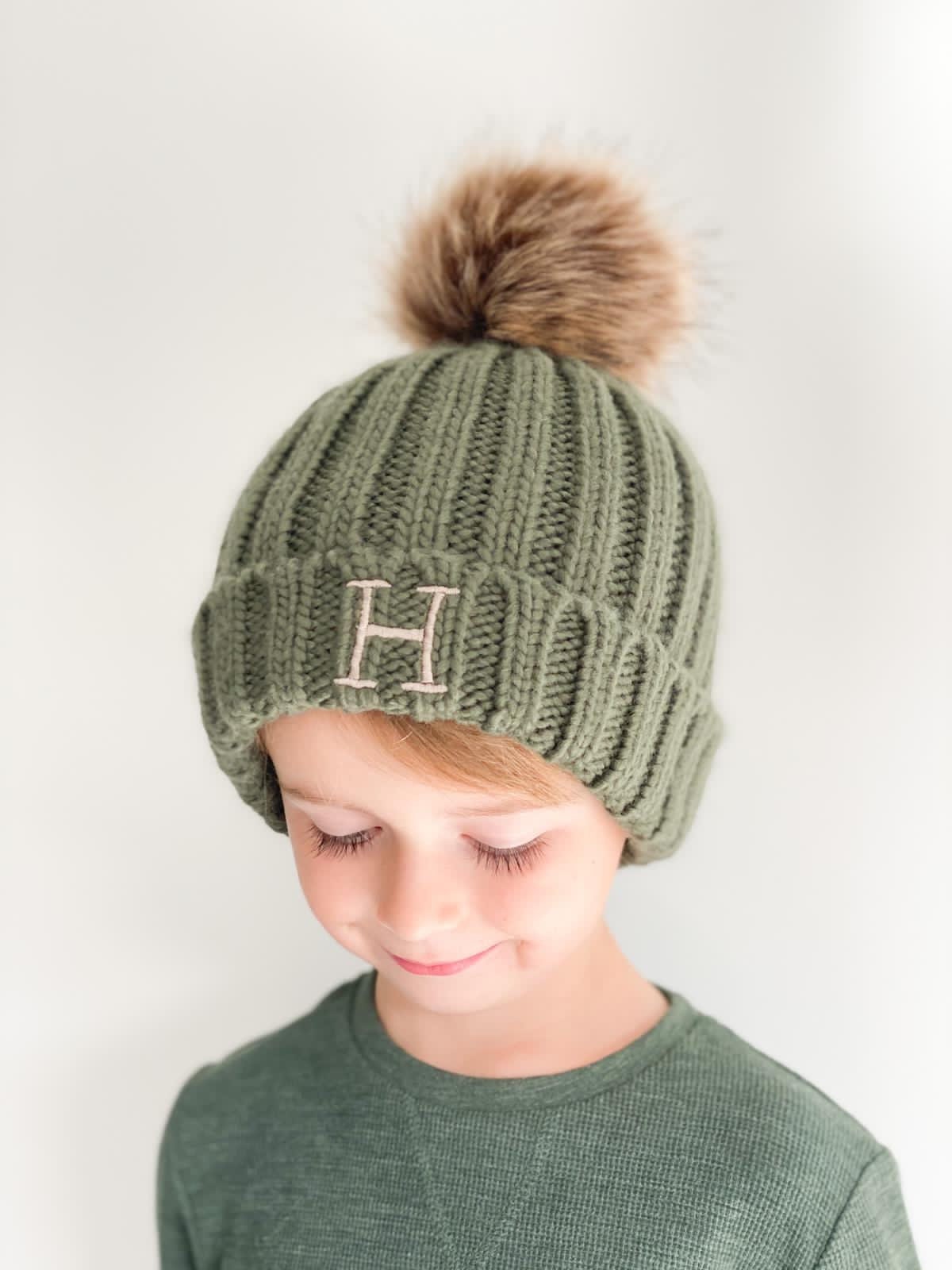 Personalised Knitted Hat, Embroidered Initial, Kids Winter Beanie with Pom Pom - Christmas Present, Birthday Gift