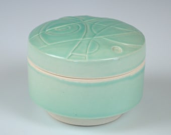 Handmade Unique Seafoam Green / Teal Thrown Ceramic Porcelain Covered Jar with Carved Top - Suitable for Kitchen Storage, Tea, Fine Art