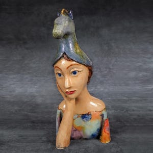Ceramic Bust, Portrait of Blue Eyed Lady with Horse Hat, Handmade Ceramic Sculpture, One-of-a-Kind Gift for Whimsical Art Lover