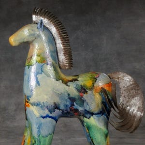 Ceramic Horse Sculpture Handmade with rusty metal mane and tail, Special Gift for Horse Lovers, Horse Figurine.