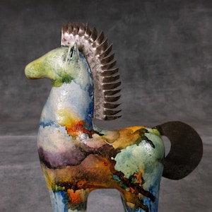 Beautiful Ceramic Horse Sculpture Handmade with rusty metal mane and tail, Special Gift for Horse Lovers, Horse Figurine, Mexico Ceramic art