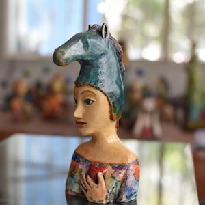Ceramic Bust, Portrait of Lady with Horse Hat, Handmade Ceramic Sculpture, One-of-a-Kind Gift for Whimsical Art Lover.