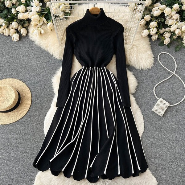 Pleated Sweater Knitted Dress, Winter Dresses for Women