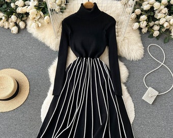 Pleated Sweater Knitted Dress, Winter Dresses for Women