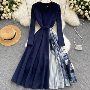 V-Neck Hepburn Style Pleated Dress