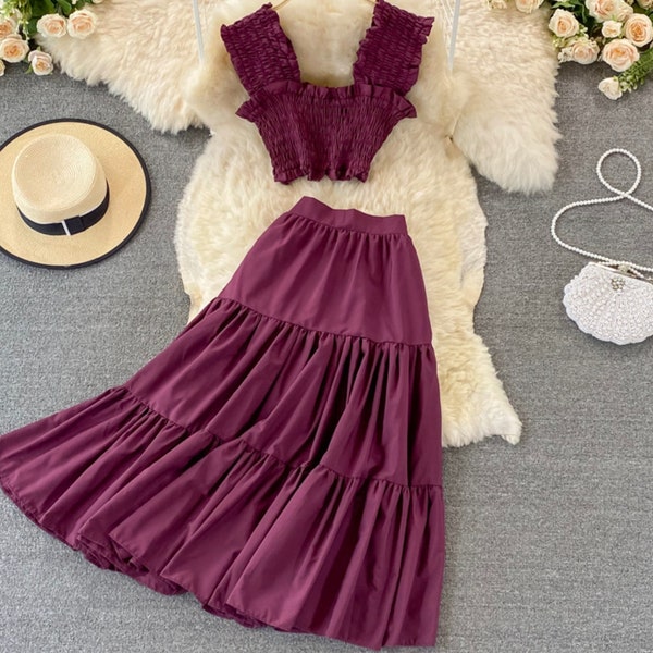 Two-Piece Short Crop Top with High Waist Mid Length Skirt Maxi Set, Matching Set Dresses