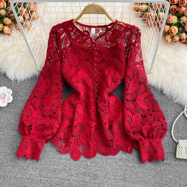 Ruffled Western Style Crochet Lace Top, Long Sleeve Blouse