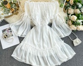Fairy Chiffon Lace Dress with Trumpet Sleeves for Women, Matching Set Dresses