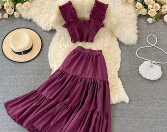 Two-Piece Short Crop Top with High Waist Mid Length Skirt Maxi Set, Matching Set Dresses