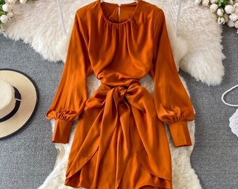 Round Neck Long Sleeve High Waist Ruffled Dress for Women, Matching Set Dresses