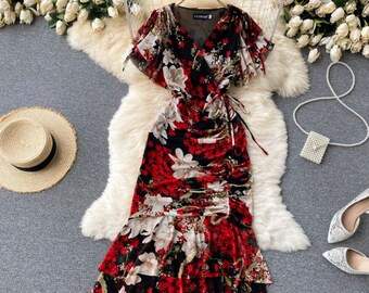 V-Neck Halter Neck Floral Dress