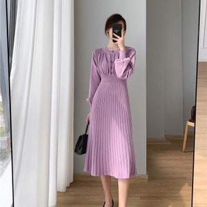 Mid-length Sweater Winter Dress, Lantern Sleeves Knitted Autumn Dress image 1