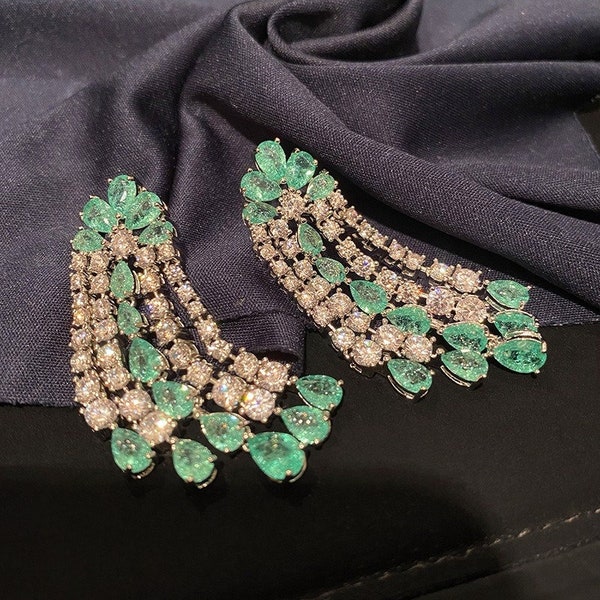 Diamond Imitation Multi-layer Micro-inlaid Long Tassel Zircon Earrings, Green Color Chandelier Statement Earrings