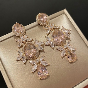 Luxury Pink Contemporary Statement Earrings, Crystal Earrings, Modern long Gold Earrings, Chandelier Earrings, Dangle Drop Party Earrings