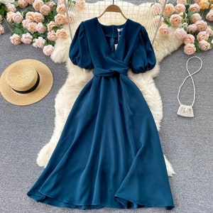 Puff Sleeve Cocktail Midi Bow Tie Dress, Formal Dresses for Women ...