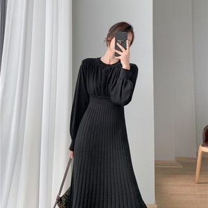 Mid-length Over-the-Knee Sweater Winter Dress, Lantern Sleeves Knitted Autumn Dress