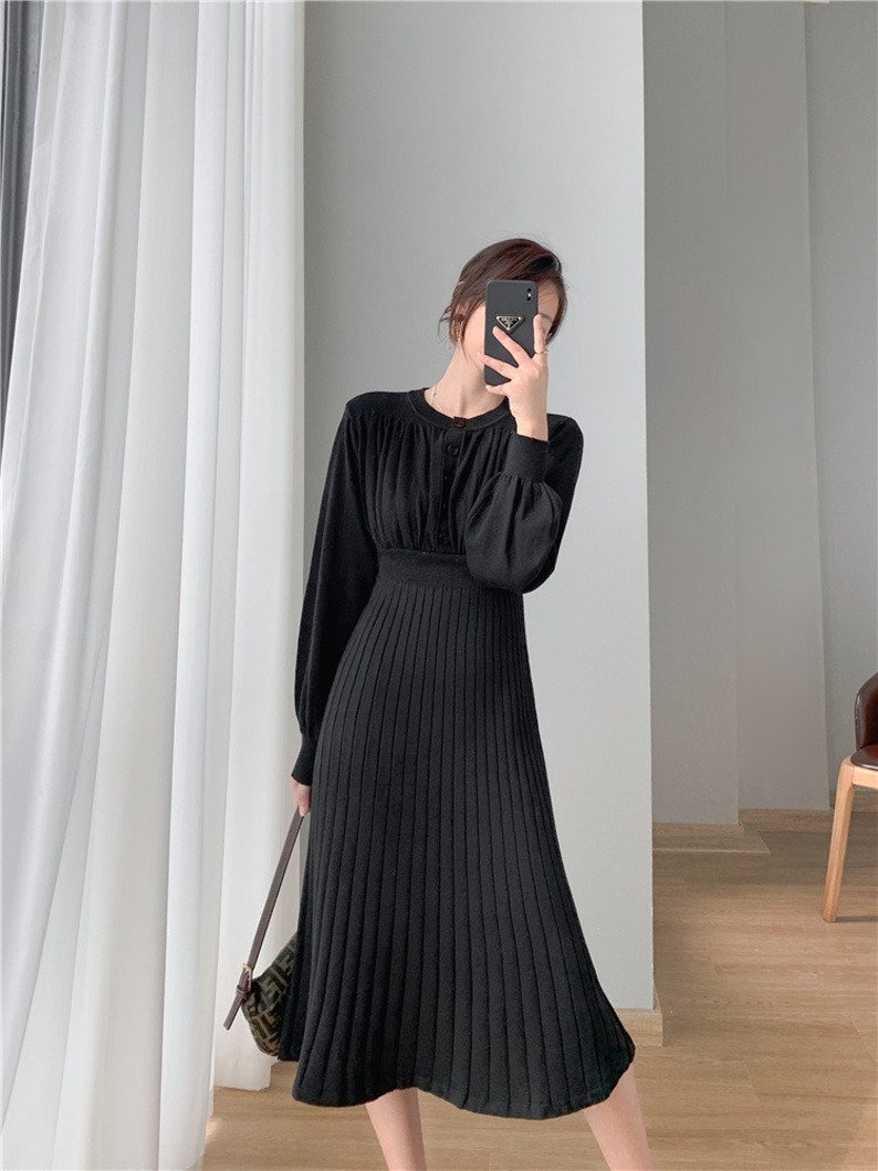 Mid-length Over-the-Knee Sweater Winter Dress, Lantern Sleeves Knitted Autumn Dress