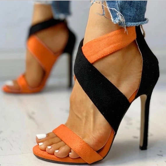 Sandalen met hoge hak voor vrouwen Oranje en zwart contrast - Etsy Nederland