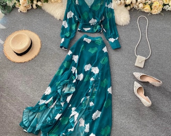 Two Piece V-Neck Crop Top Maxi Set, Boho Maxi Dresses for Women, Matching Set Dresses, Floral Chiffon Split Skirt