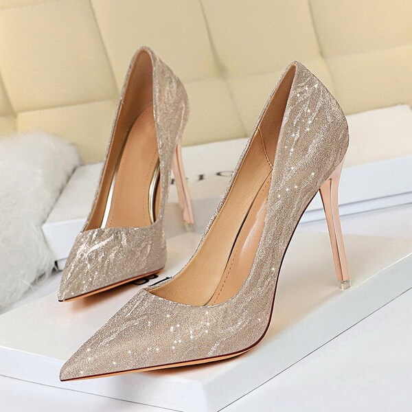 Sequin Stiletto Satin High Heels, Pointed Toe Women's Shoes, Wedding Bridal Pumps