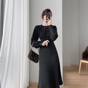 Mid-length Over-the-Knee Sweater Winter Dress, Lantern Sleeves Knitted Autumn Dress