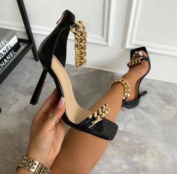 Open-toe Embossed Gold Chain Ankle Strap Stiletto High Heels on Luulla