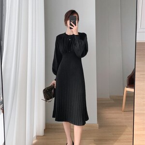 Mid-length Over-the-Knee Sweater Winter Dress, Lantern Sleeves Knitted Autumn Dress