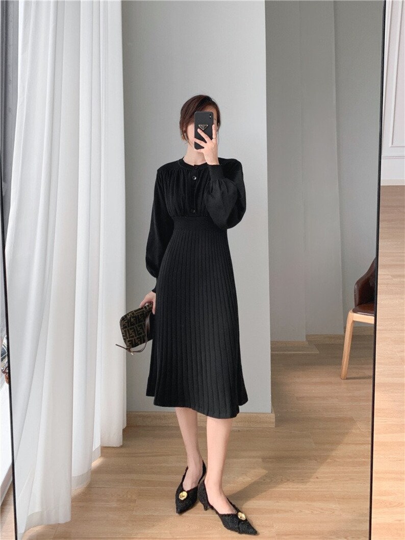 Mid-length Over-the-Knee Sweater Winter Dress, Lantern Sleeves Knitted Autumn Dress