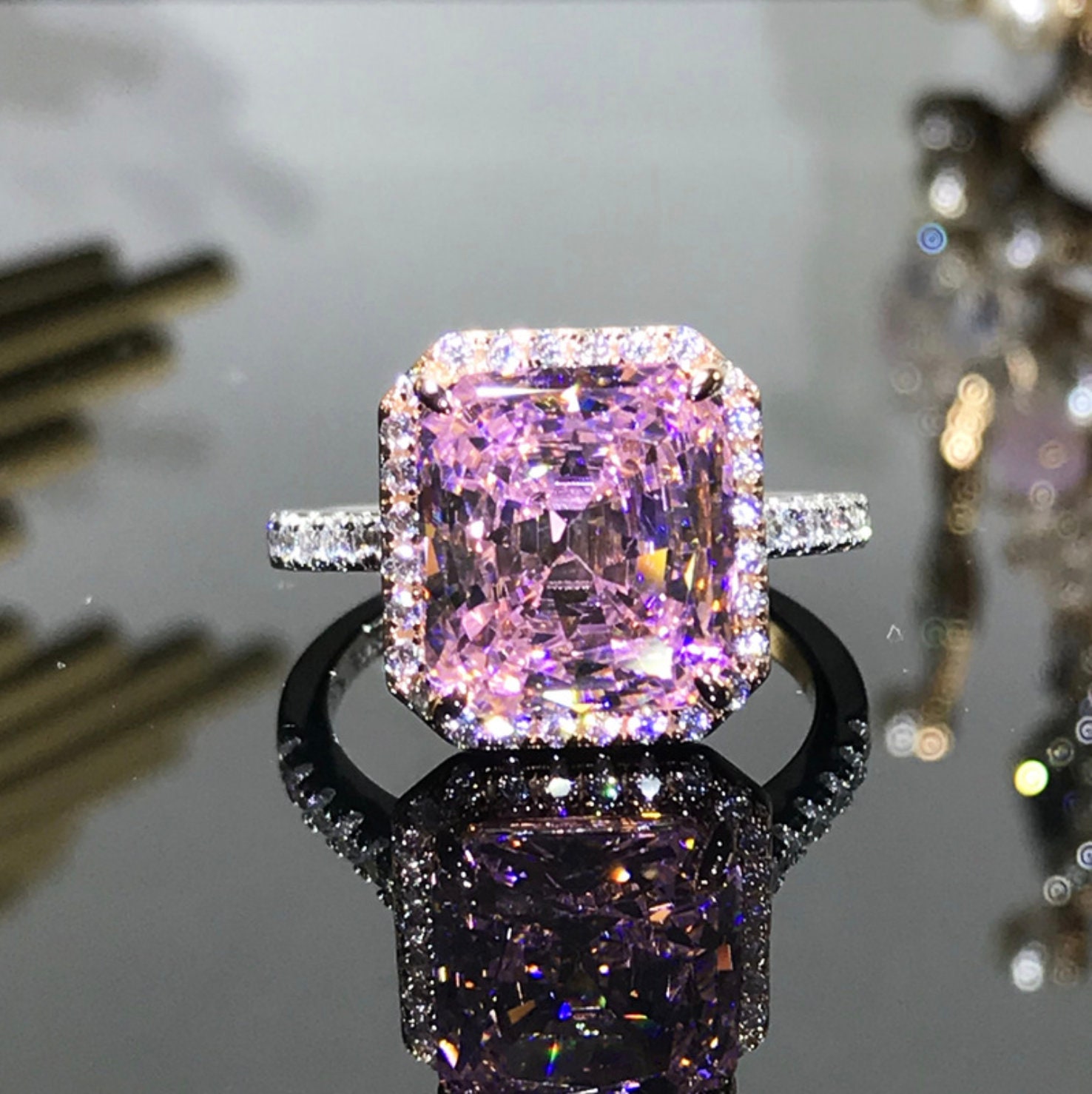 10CT Pink Diamond Square Statement Ring 10x11mm 925 18KGP Etsy