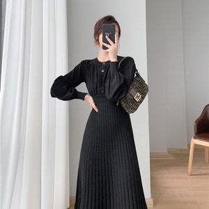 Mid-length Over-the-Knee Sweater Winter Dress, Lantern Sleeves Knitted Autumn Dress