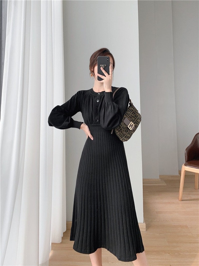 Mid-length Over-the-Knee Sweater Winter Dress, Lantern Sleeves Knitted Autumn Dress