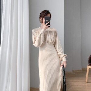 Mid-length Over-the-Knee Sweater Winter Dress, Lantern Sleeves Knitted Autumn Dress