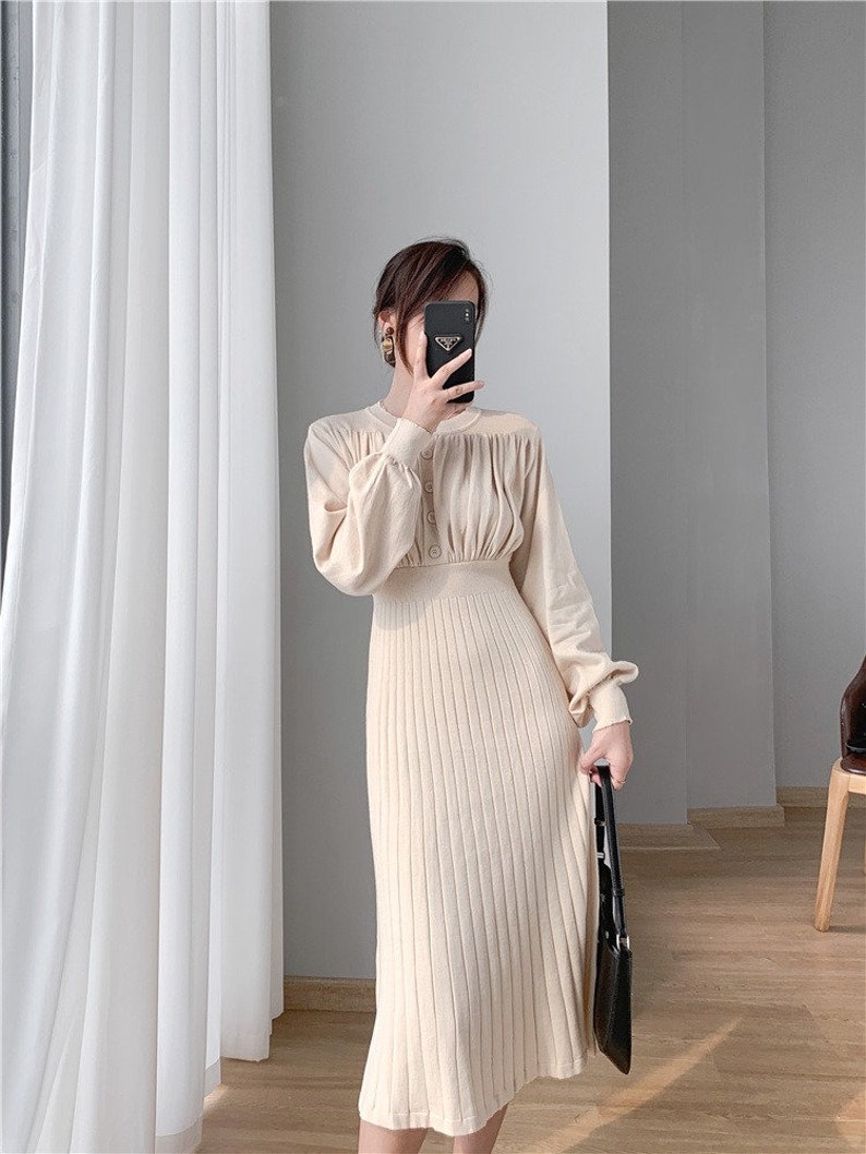 Mid-length Over-the-Knee Sweater Winter Dress, Lantern Sleeves Knitted Autumn Dress