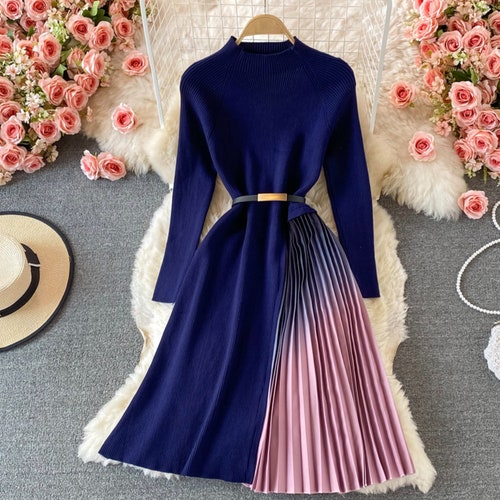 Pleated Sweater Knitted Dress, Dresses for Women