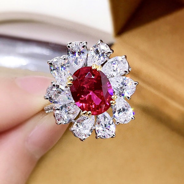 10CT Ruby Diamond Flower Cut Statement Ring, 8x10mm 925 18KGP Silver Ring, Gorgeous Crystal Vintage Style Art Deco Ring